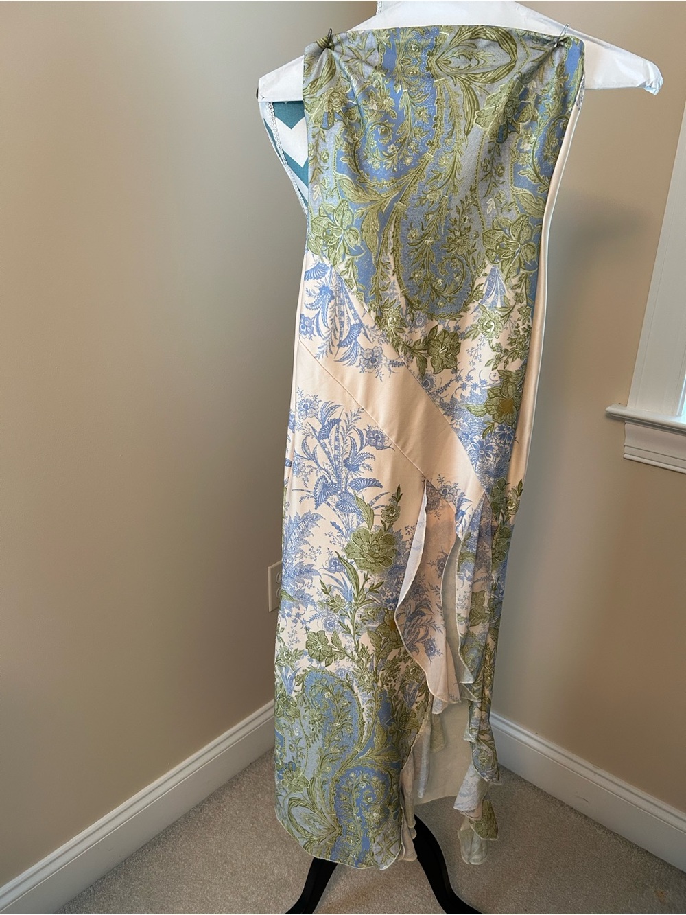 Strapless Floral Print Dress in Blue, Green & Cream